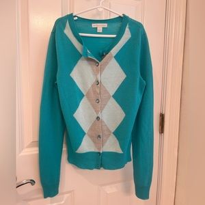 This blue and gray argyle cardigan!!